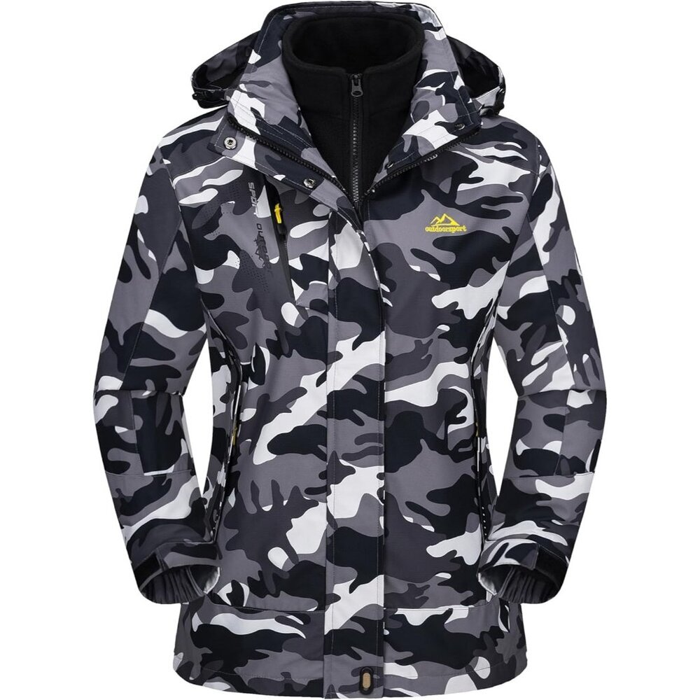 Women's Black Camo 3-in-1 Winter Waterproof Windproof Fleece Lined Winter Jacket